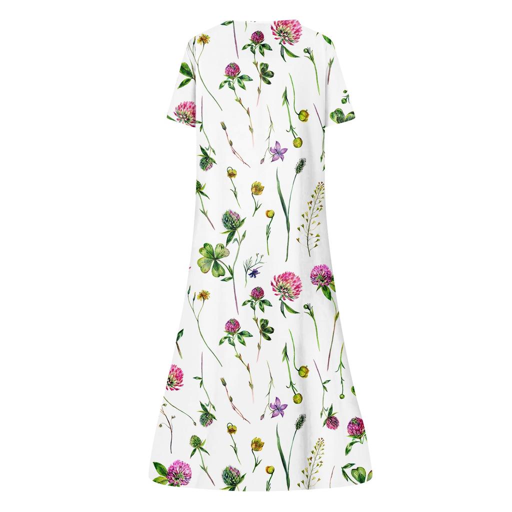 Summer Dress For Women Casual Floral  Printed V-Neck Short-Sleeve Button Pocket Beach Swing Dress