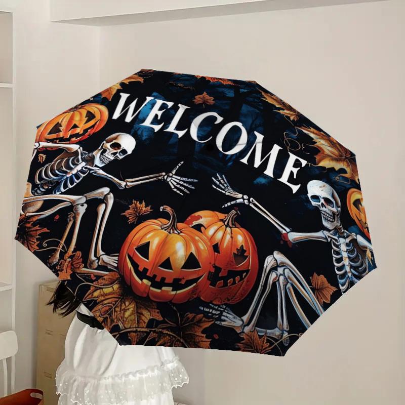 1pc Halloween Skeletons Pumpkins Welcome Sign Umbrella with Plastic Handle,Suitable for All Seasons Home Travel Outdoor UmbrellaDD512