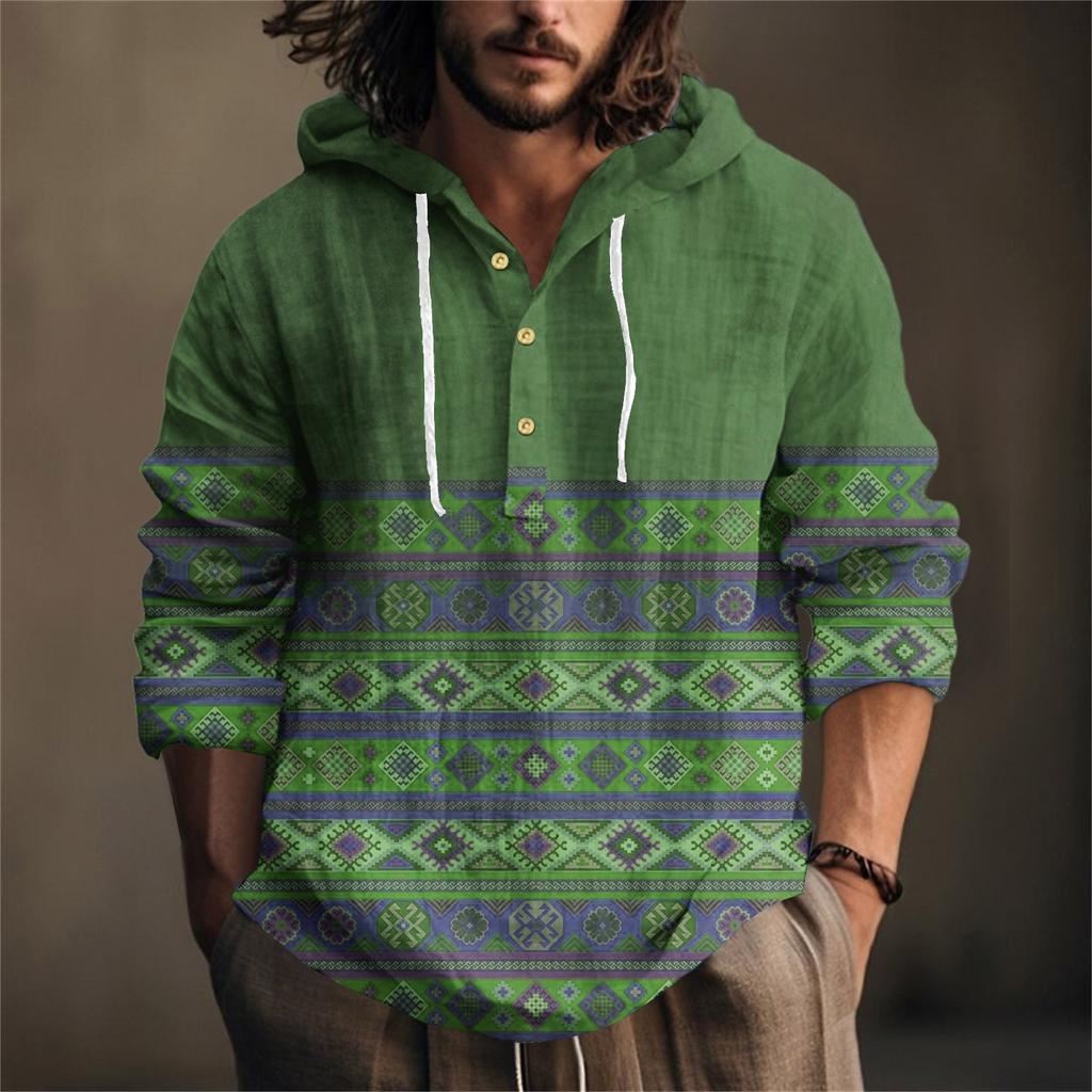 Printed Men's Cotton And Linen Shirt Hooded Long-sleeved Hooded Spring And Summer Casual Daily Wear