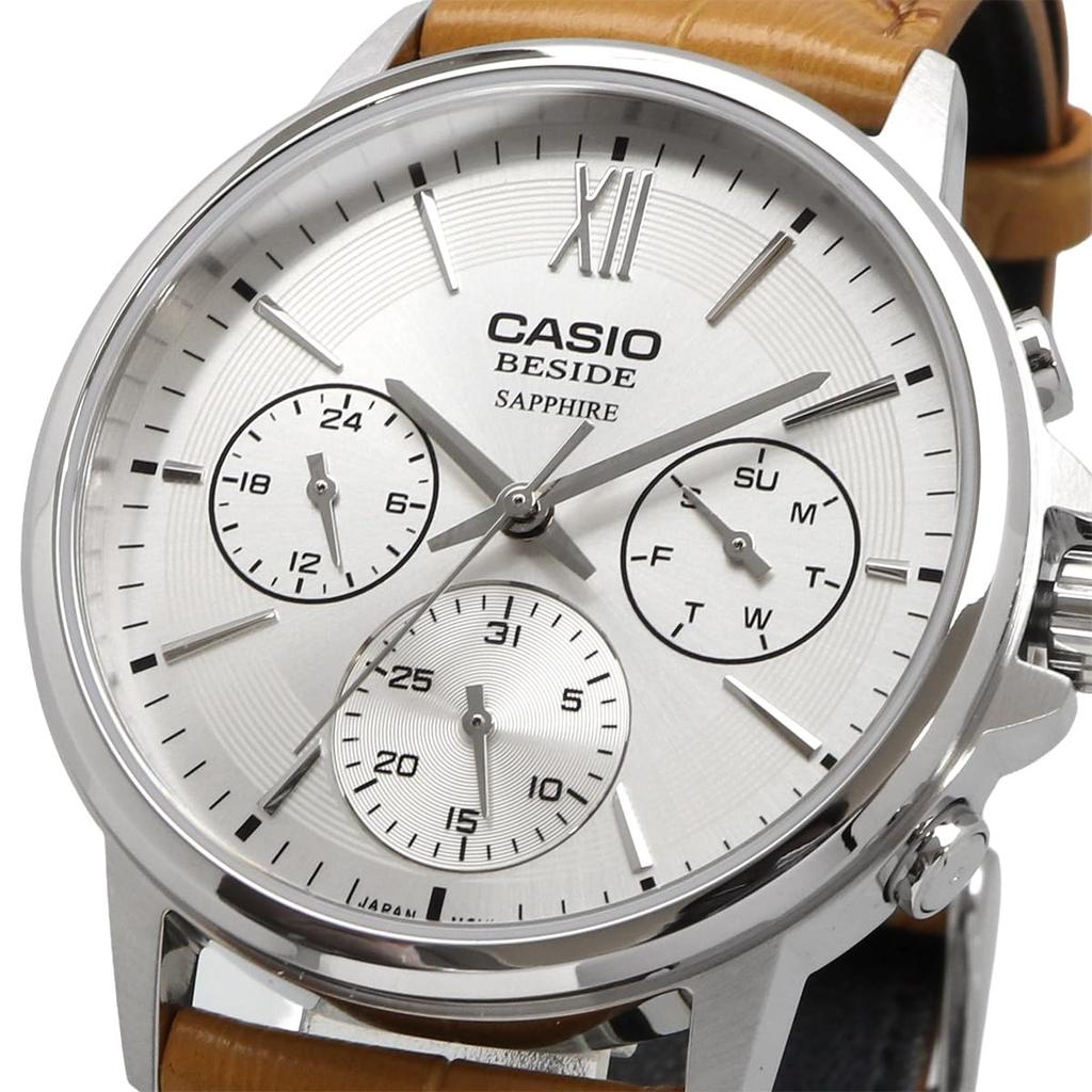 CASIO BESIDE Quartz Watch Sapphire Glass Camel Leather Band Display Silver Men's BMS-300L-5AV Multi-dial 24-hour