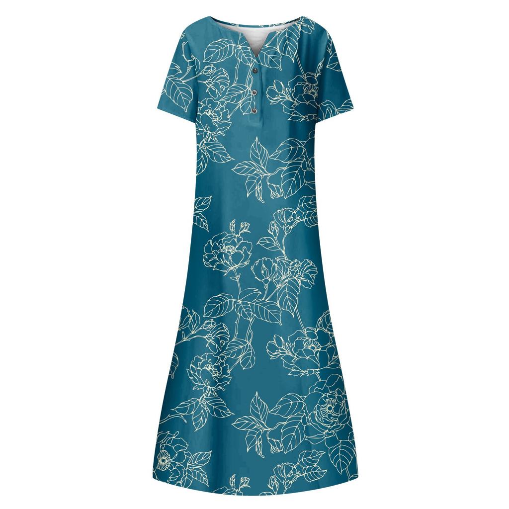 Women's Summer Casual Fashion Floral Printed Short Sleeve Button Pocket Dress