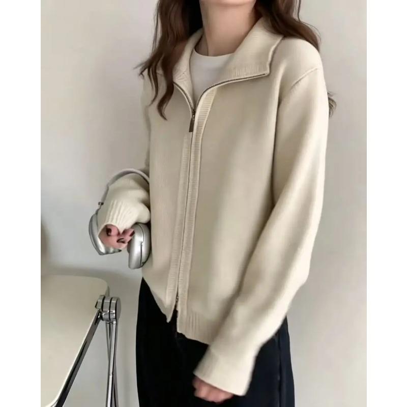 Fashion Double-zip Stand Collar Sweater Coat Women Solid Color Casual Knitted Cardigan Korean Style Autumn Winter Sweater