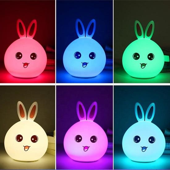 Big Face Rabbit Silicone Night Light Color Changing LED Cute Lamp with Touch Sensor Control USB Rechargeable, Perfect Decoration