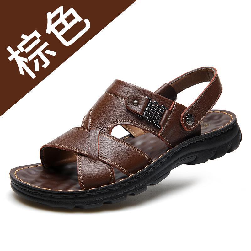 Мужские пляжные сандалии из натуральной кожи 2024 года - Верхний слой коровьей кожи, Повседневные шлепанцы большого размера