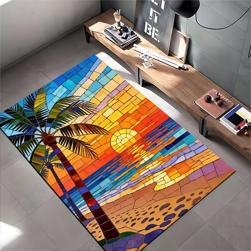 Colorful Sunset Beach Stained Glass Design Carpet with Palm Tree Suitable for use as an anti-slip for living room bedroom sofas