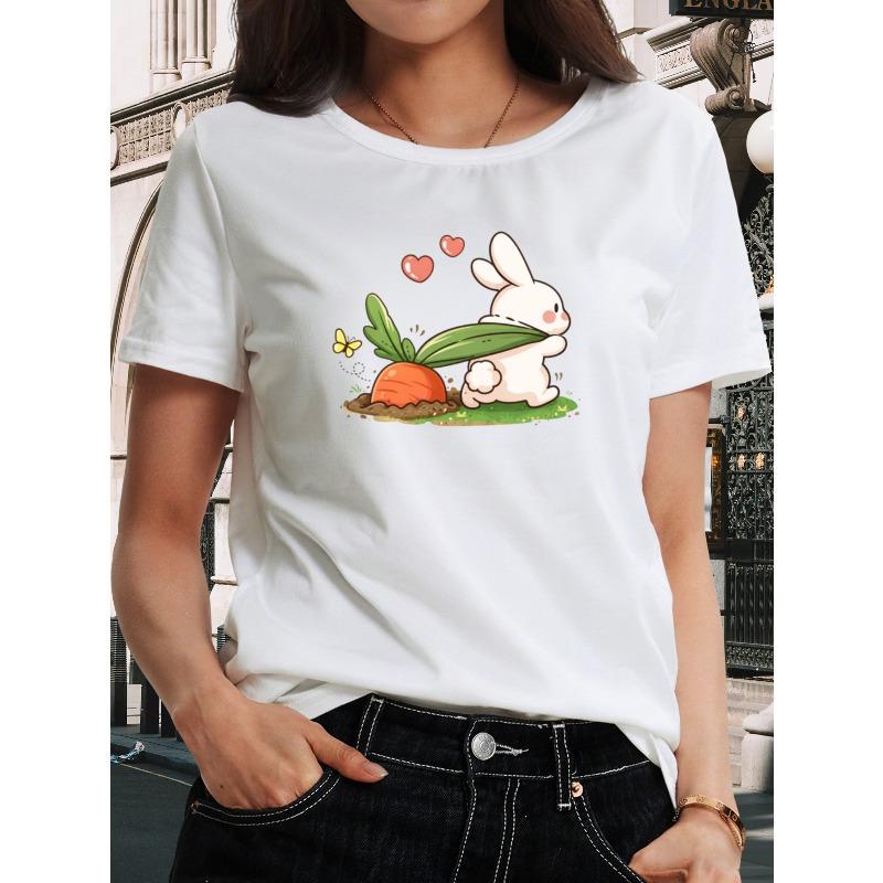 Women Rabbit Pulling Radish Print T-Shirt Round Neck Short Sleeve Spring Summer Autumn Casual Stylish Comfortable Machine-Washable Top