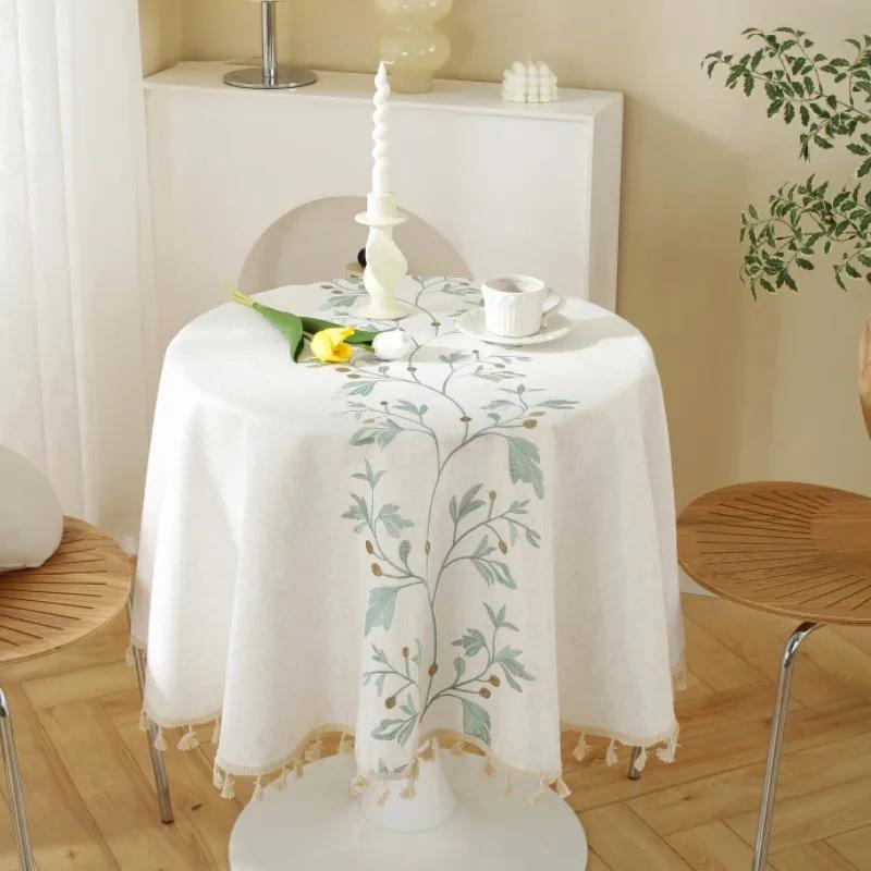 Round Tassel Embroidery Tablecloth Heavy Weight Cotton Linen Fabric Table Cover Kitchen Dining Restaurant Banquet Tabletop Decor