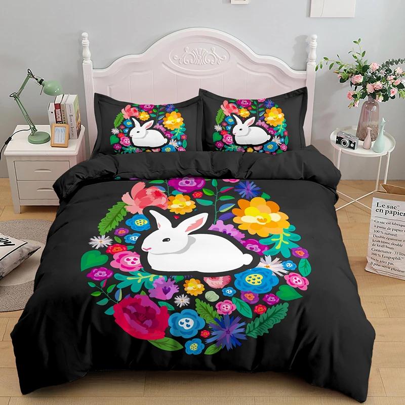 Happy Easter Egg Rabbit King Queen Duvet Cover Cartoon Lovely Bunny Bedding Set Pet Animal Comforter Cover Polyester Quilt Cover
