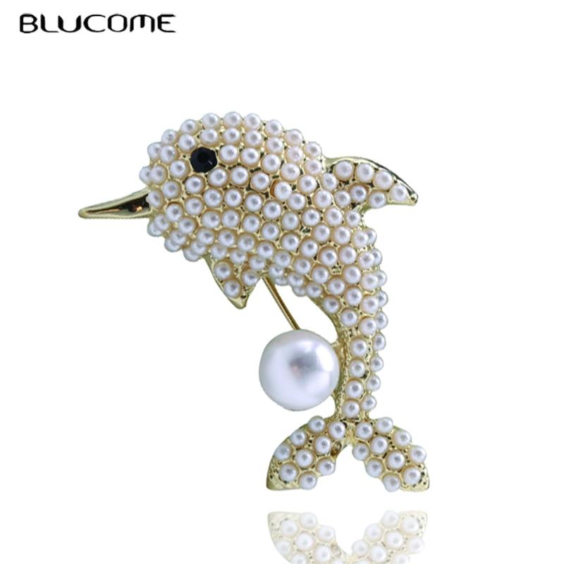 Blucome Lively Pearl Dolphin Shape Yellow Enamel Brooches For Women Kids Coat Collar Scarf Clothes Pins Accessories