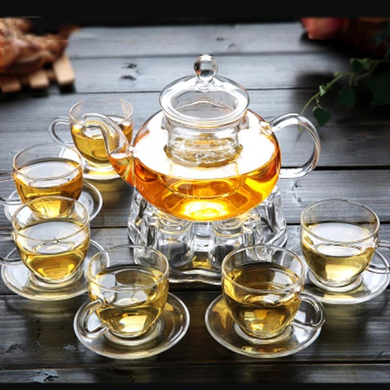 Готовый элегантный стеклянный чайный сервиз из боросиликатного стекла, заварной чайник с чашками, бамбуковый поднос для чая, чайный сервиз, стеклянный чайник с подогревом, подарочный набор