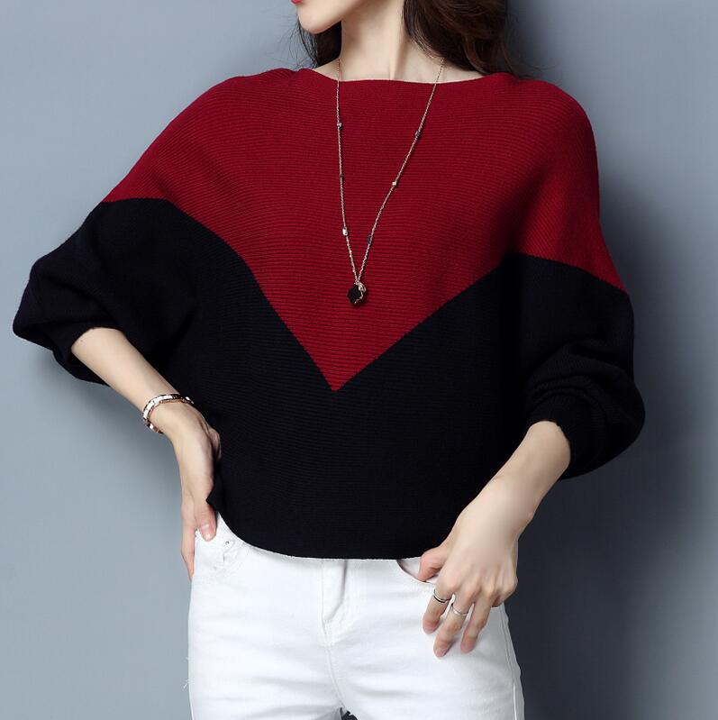 Batwing Sleeve Loose Autumn Winter Women Sweater Knit Fashion Female New Arrival Patchwork Pullover