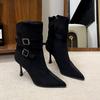 2025 New Autumn and Winter Suede Pointed Thin Heel Martin Boots Women's High Heel Side Zipper Belt Buckle Retro Fashion Short Boots