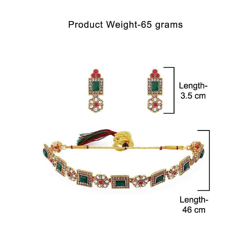 ZAVERI PEARLS Зеленые и розовые камни Этнический воротник Костяное ожерелье Серьги и кольца Набор для женщин