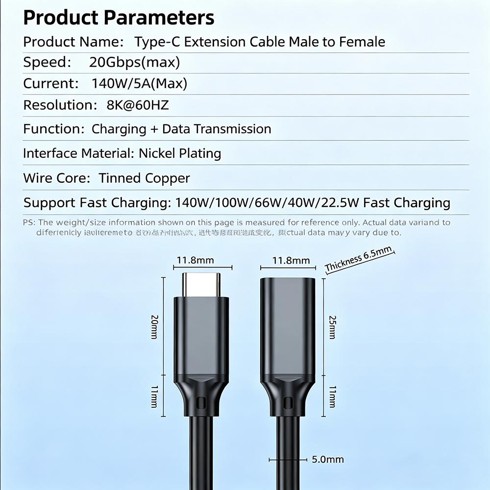 140W USB C Extension Cable Male to Female USB3.2 Gen2 20Gbps PD Fast Charging 4K@60Hz Extender for MacBook Samsung Xiaomi