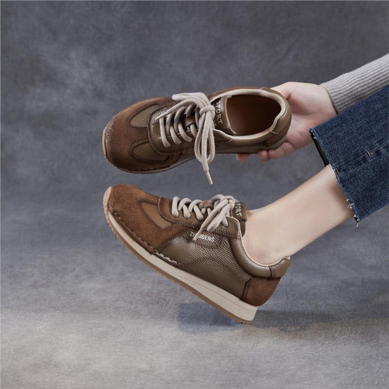 Johnature Genuine Leather Lace Up Women's Sports Shoes Retro Soft Sole Comfortable And Lightweight Sneakers