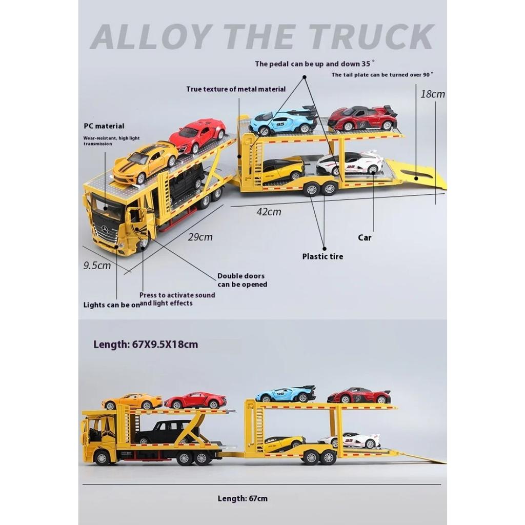 1/24 Mercedes Benz Double Decker Flatbed Transport Vehicle Alloy Diecast Metal Car Model Sound and Light Science Education Series