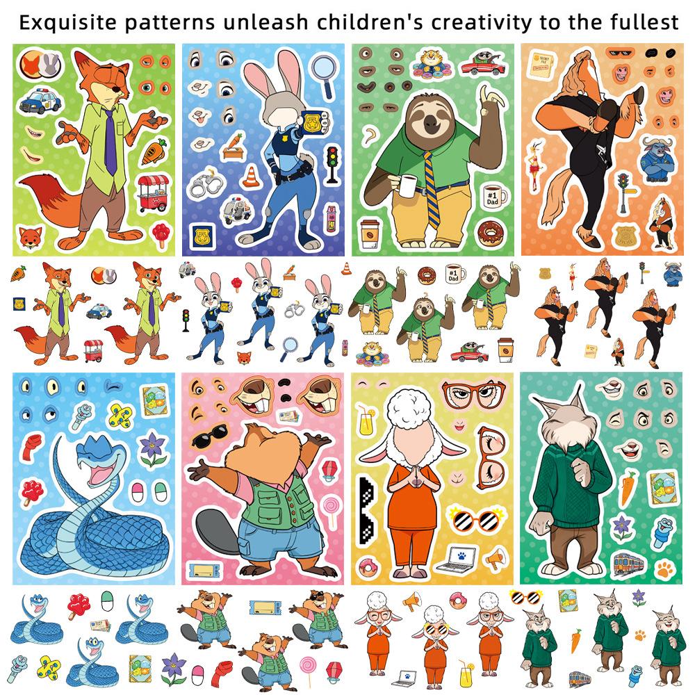 8/16 Sheets Zootopia 2 Make A Face Puzzle Stickers Diy Assemble Jigsaw Cartoon Decals Kids Game Party Gift For Boys Girls