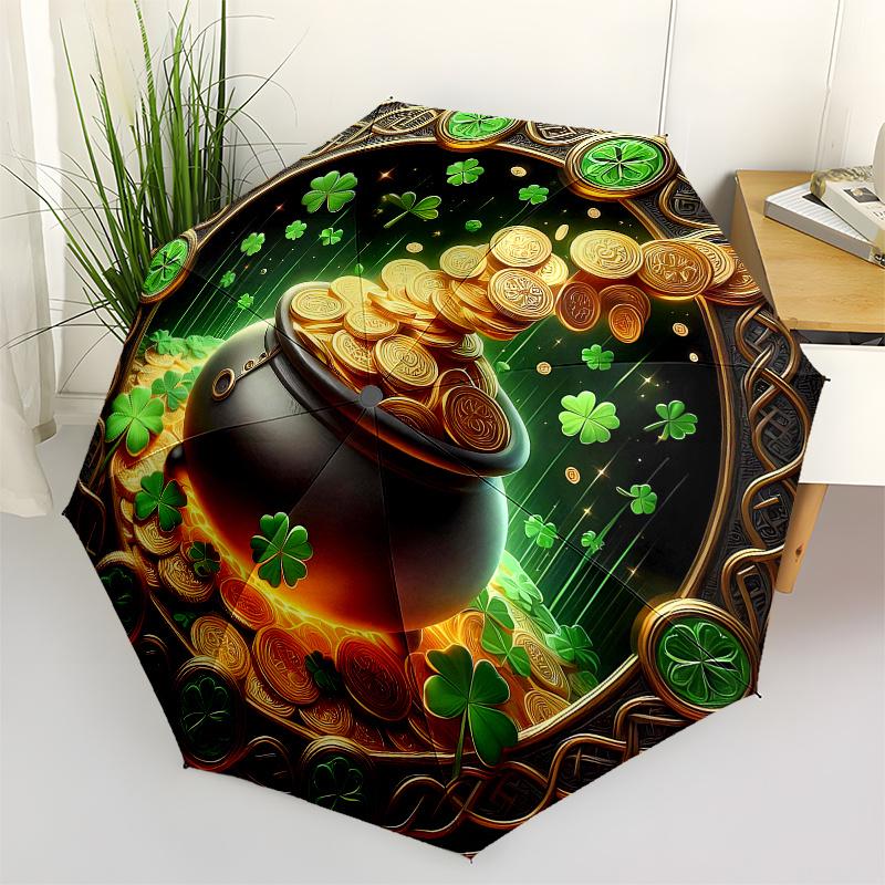 Pot of Gold Coins with Four-Leaf Clovers, Irish Luck Symbol Umbrella, Cute Umbrella with Cute Design, Portable 3-Fold Compact Umbrella for Men & Women