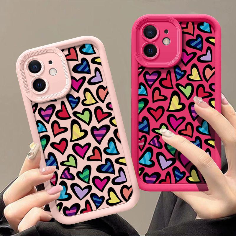 Fashion Hearts Pattern Phone Cover  For iPhone 16 Pro Max 15 Plus 14 13 12 11 Pro XR XS 8 7 Color Love Shockproof Lens Protection Soft Case