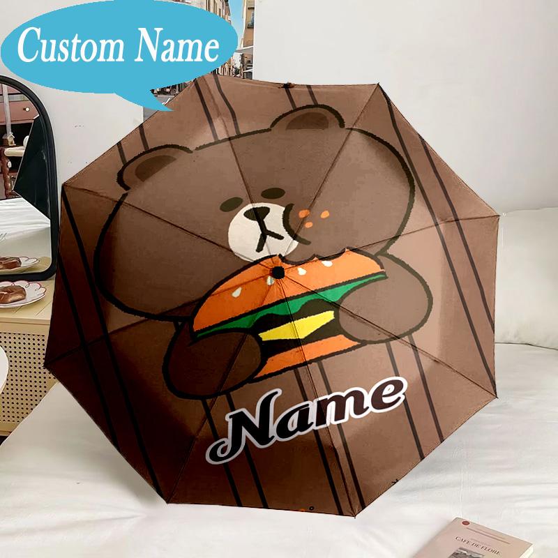 Custom Name Umbrella Happy Valentine's Day Brown Bear Umbrella 8-Frame for Travel, Camping, Casual Lightweight Portable, Essential for Family Gifts