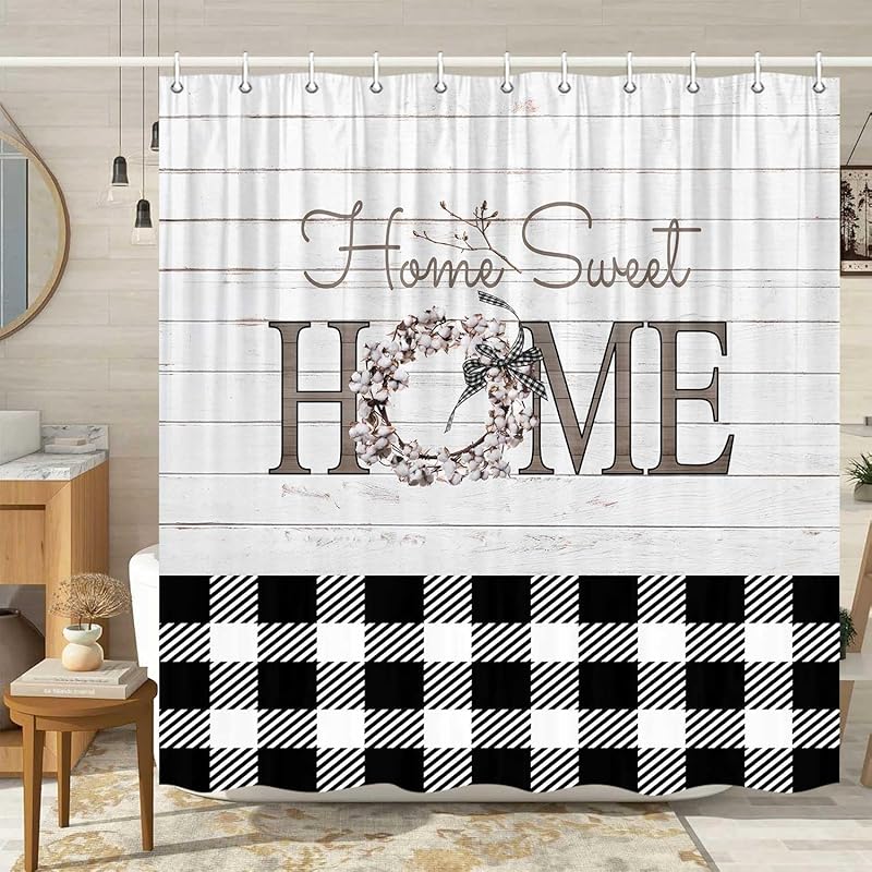 MERCHR Buffalo Check Plaid Shower Curtain 72 x 72 Inch, Farmhouse Wooden Board Shower Curtain, Rustic Flower Home Sweet Home Bath Curtain Polyester