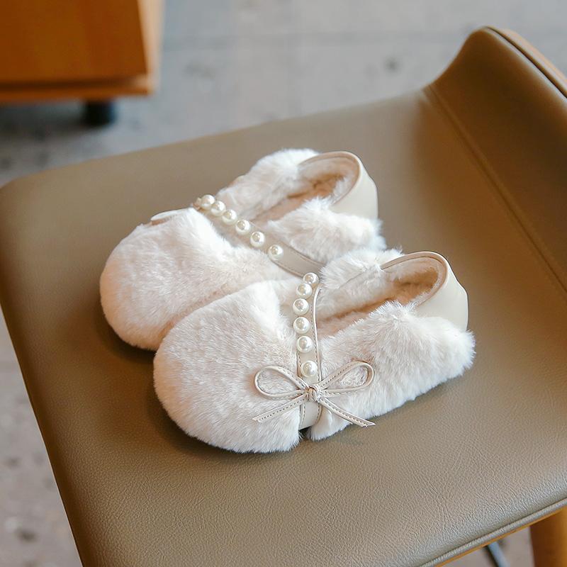 Новые детские зимние туфли, теплые, плюшевые, для девочек, повседневные, принцесса, хлопковые туфли, модные, детские, мягкие, мокасины с бантом, плоские туфли, простые