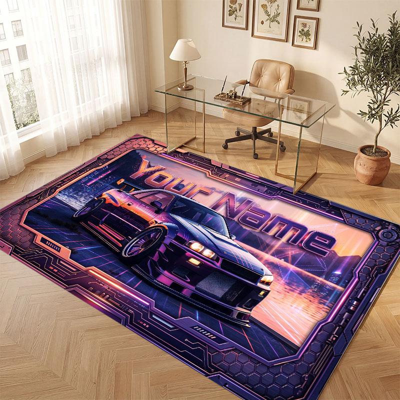 City Cyberpunk Theme Crystal Velvet Floor Rug Personalized Custom Name Text Warm Carpet Home Decoration