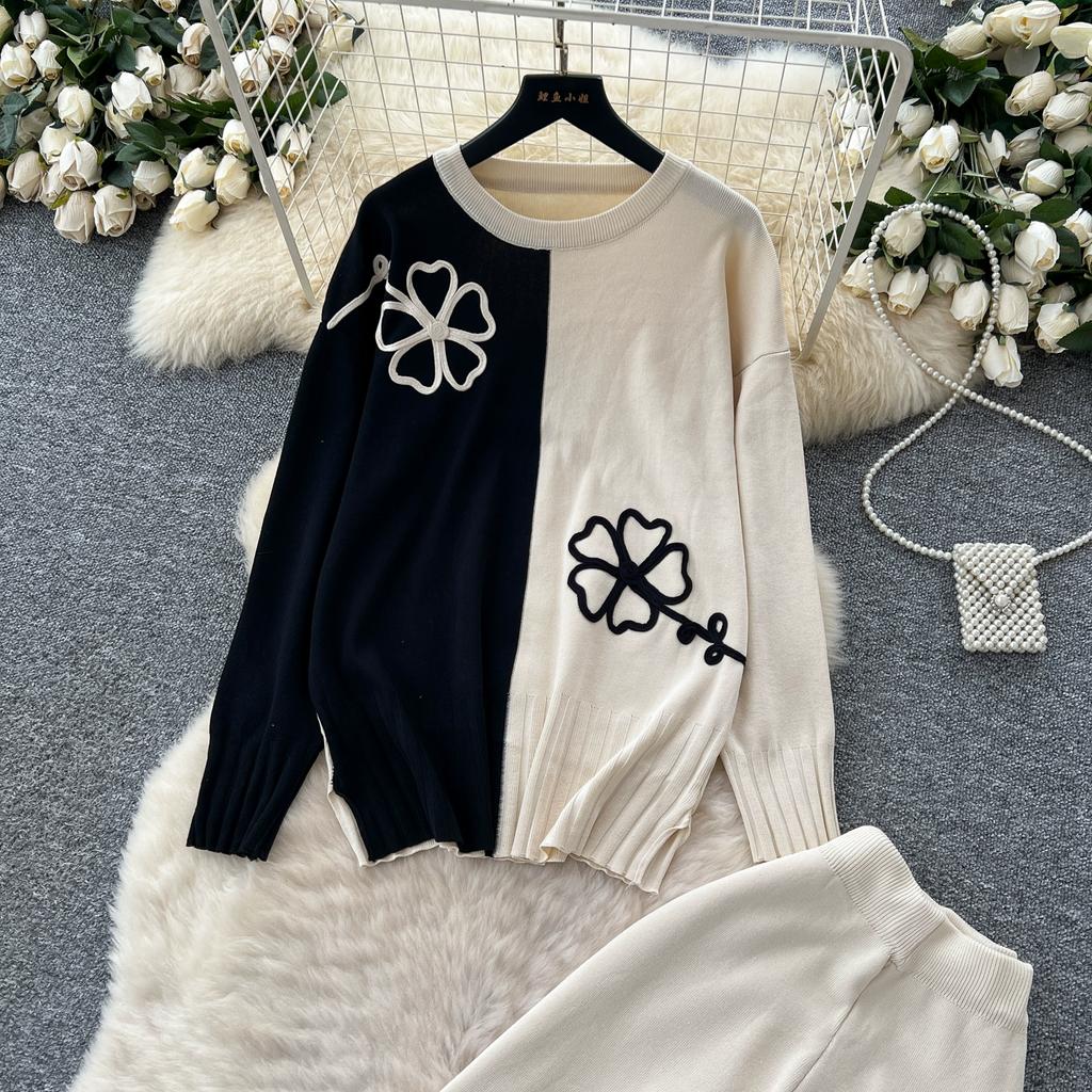 Autumn Winter Women Flower Pattern Knitted Sweater Trouser Two Piece Set O-neck Pullover Tops and Wide Leg Pant Tracksuit