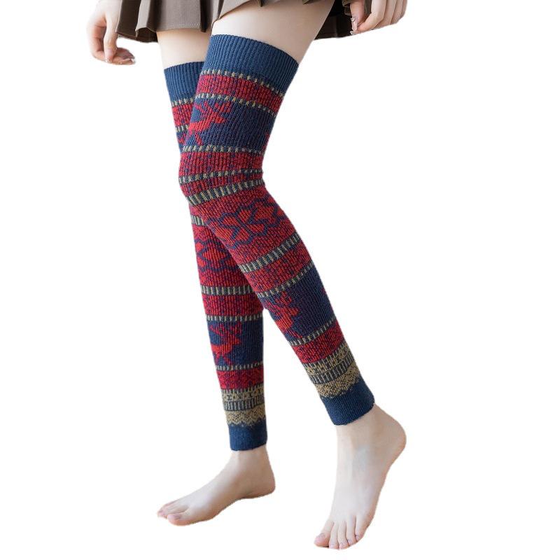 Женские теплые носки выше колена из кроличьей шерсти с рождественским оленем - Толстые леггинсы осень/зима