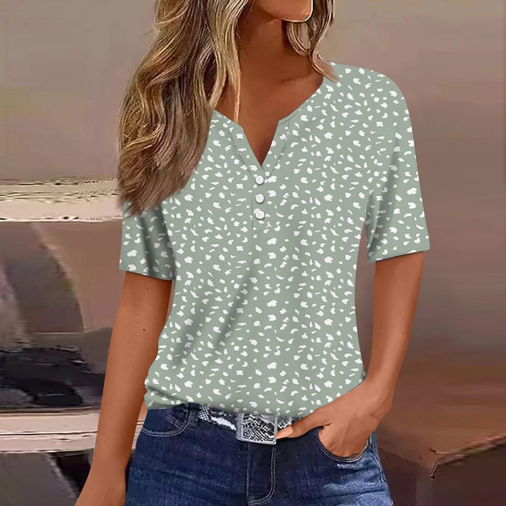 Women's T Shirt Tee Print Button Short Sleeve Daily Weekend Fashion Basic V- Neck Regular Top