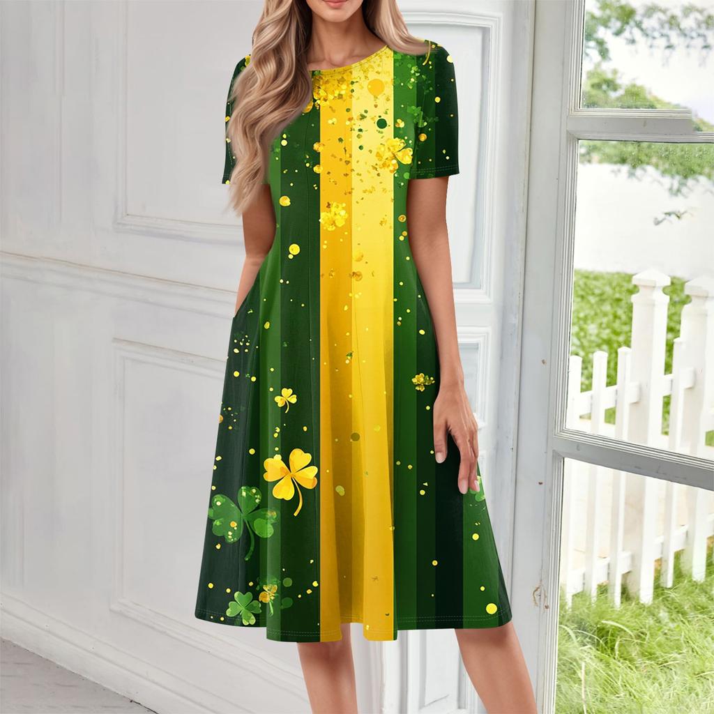 Женское повседневное модное платье миди с круглым вырезом и коротким рукавом с принтом