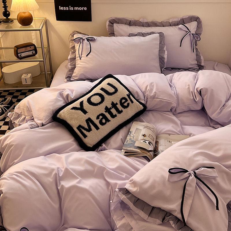 Purple Bow Washed Cotton Quilt Cover Lace Quilt Cover Four-piece Set Single Bed Sheet Dormitory Three-piece Set