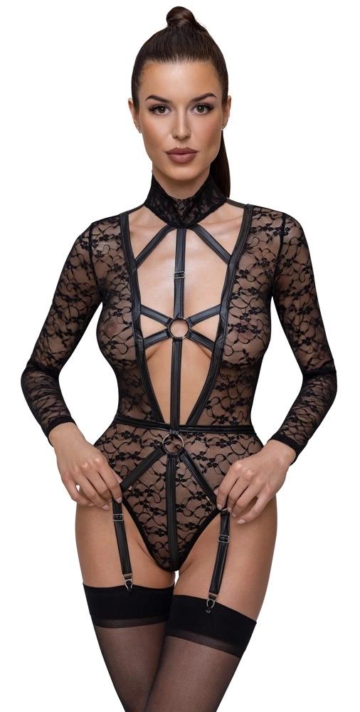Cottelli Lingerie - Sexy Lace Bodysuit with Long Sleeves in a Harness Look Black