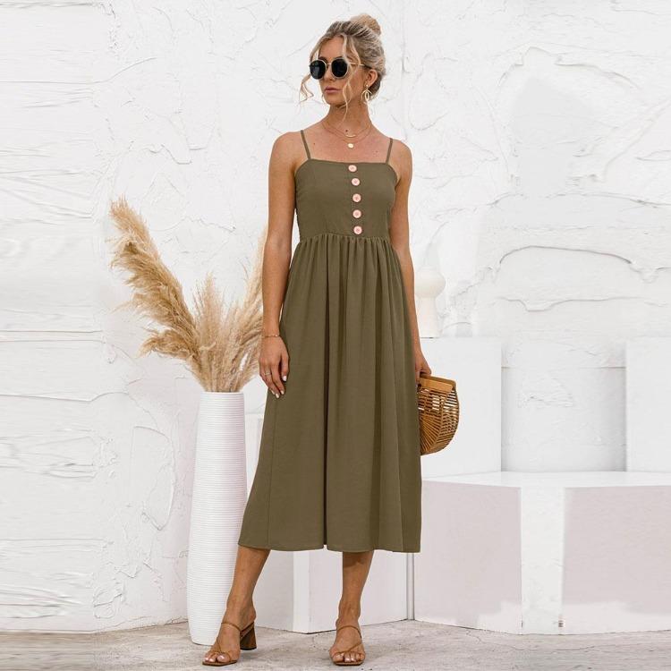 Женское летнее длинное платье однотонного цвета А-силуэта на тонких бретельках без рукавов с высокой талией и пуговицами, повседневное, милое, S-XL
