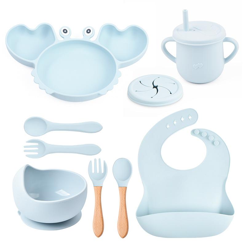 9PCS/Set Baby Silicone Tableware Set Baby Feeding Dishes BPA Free Bowl Plate Bibs Spoon Fork Sets Children Non-slip Dinnerware
