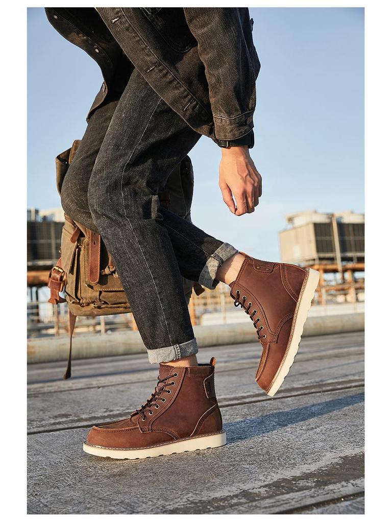 Мужские кожаные ботинки Martin цвета хаки American Retro 875 — желтые ботинки средней высоты в британском стиле.