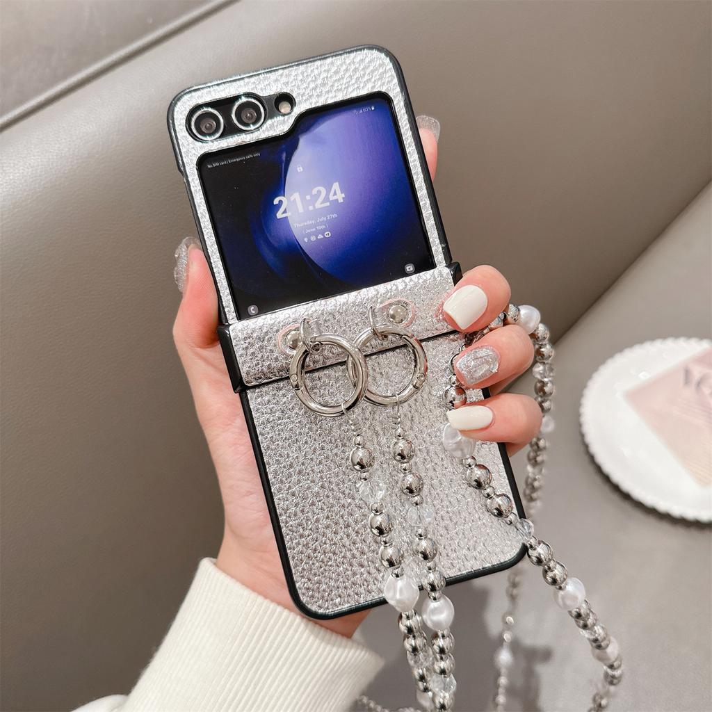 For Samsung Galaxy Z Flip7 FE 5G/Z Flip6 5G Case Hinge Protection Leather+PC Phone Cover with Crossbody Beaded Strap