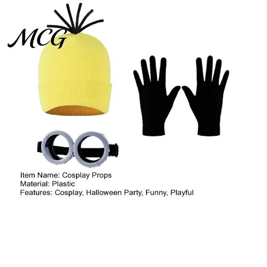 Soft Knitted Fabric Hat 3Pcs Halloween Costume Accessories, Yellow Steampunk Goggles Long Wear Cosplay Gloves Adults Party Set for Men Women Immersive