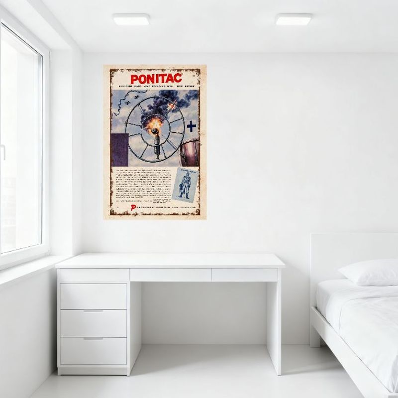 Vintage Pontiac WWII War Theme Metal Sign, Mechanical Wheel Flame Black Smoke Military Planes, Pontiac Division of GM Retro Tin