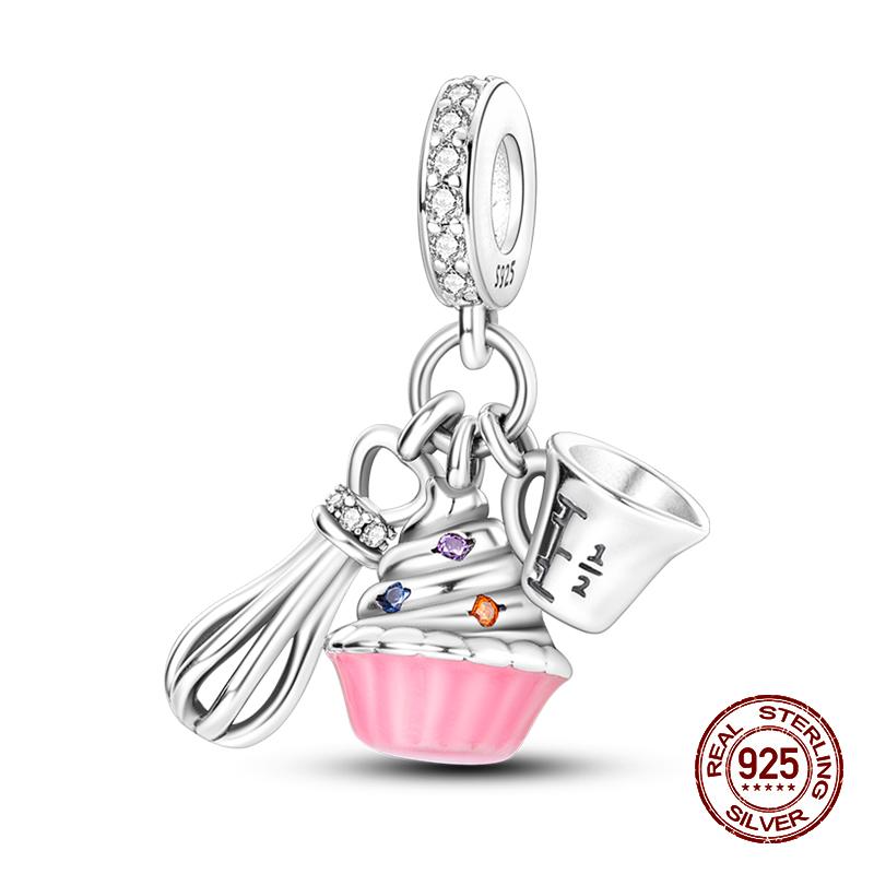 Real 925 Sterling Silver Chocolate Pizza Cake Fries Food Charms Beads Fit 925 Original Bracelets DIY Cute Jewelry Gifts