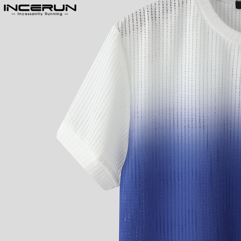 INCERUN Мужские футболки с коротким рукавом, градиентные, с вырезами, повседневные, свободные