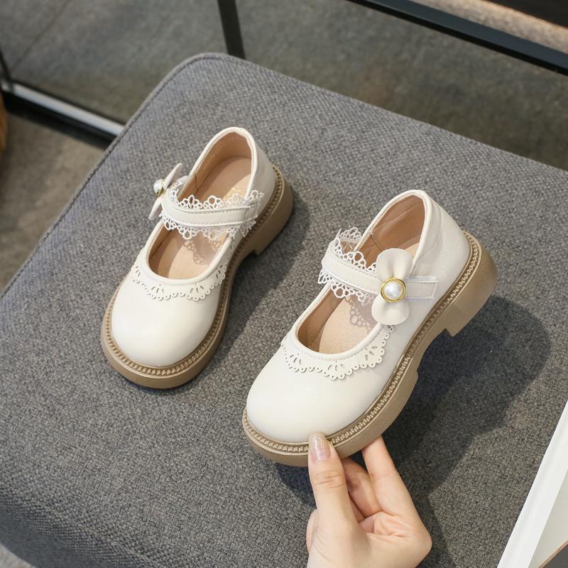 Детская кожаная обувь Весна и Осень Девочки Британский стиль Черный Осень Новые Кружева Жемчуг Липучка Детская Мода Повседневная Обувь