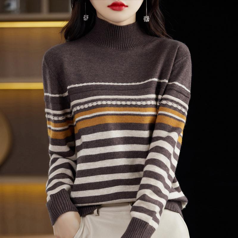 Женская мода, повседневный полосатый принт, осенне-зимние свитера с длинным рукавом и половиной водолазки