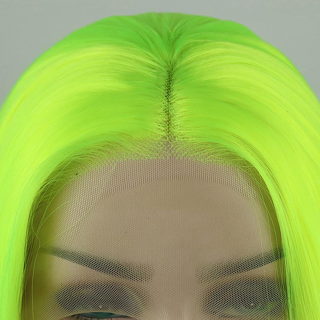VOCOSTE Heat-Resistant Lace Front Wig, Medium-Long Straight Bob Wig for Girls, 41cm, Fluorescent Green, for Everyday Use