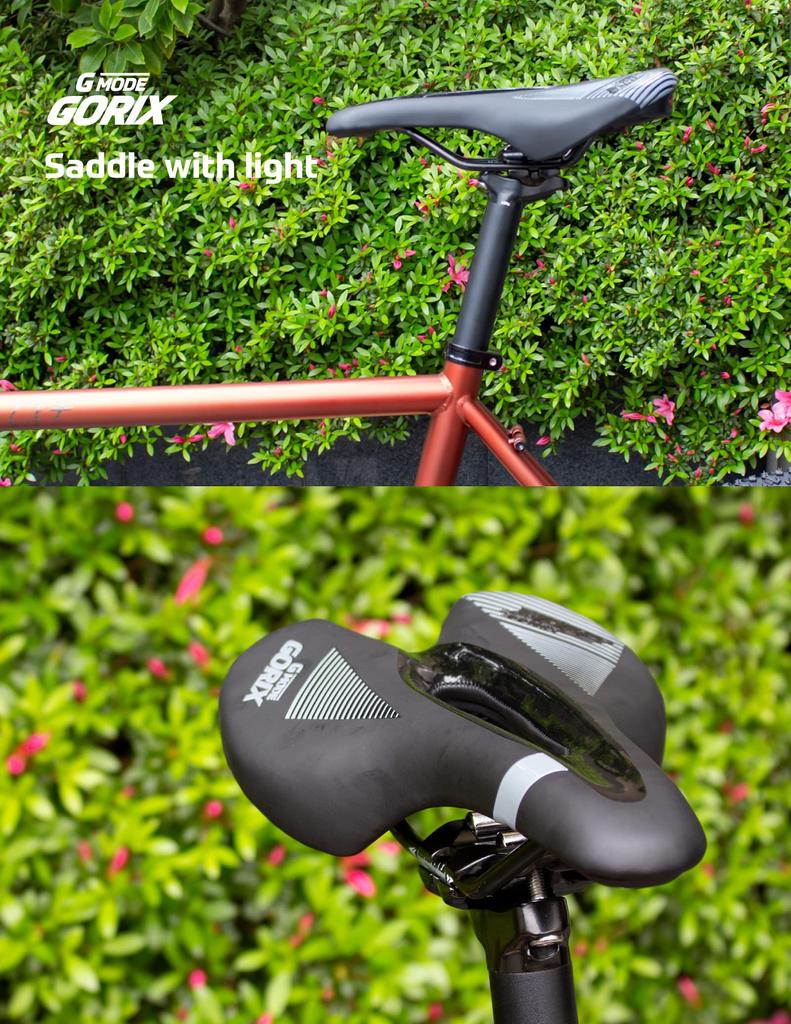 GORIX Седло велосипедное с коротким носом, широкого типа, с задним фонарем, водонепроницаемое, с подушкой из ПУ кожи, для шоссейного велосипеда, кроссового велосипеда, перфорированное, стильный дизайн [Седло]