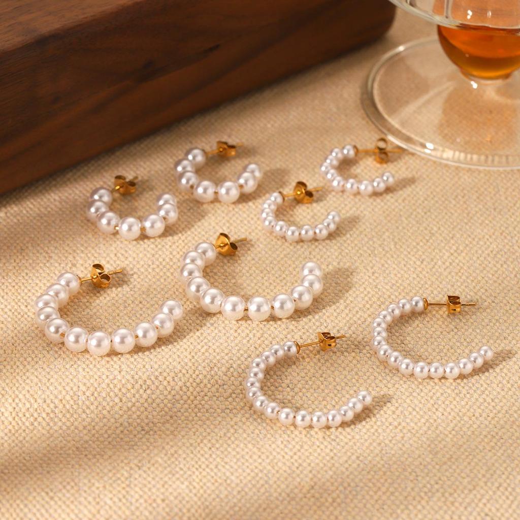 Европейские и американские ретро серьги-пусеты C-образной формы из нержавеющей стали с жемчугом для женщин