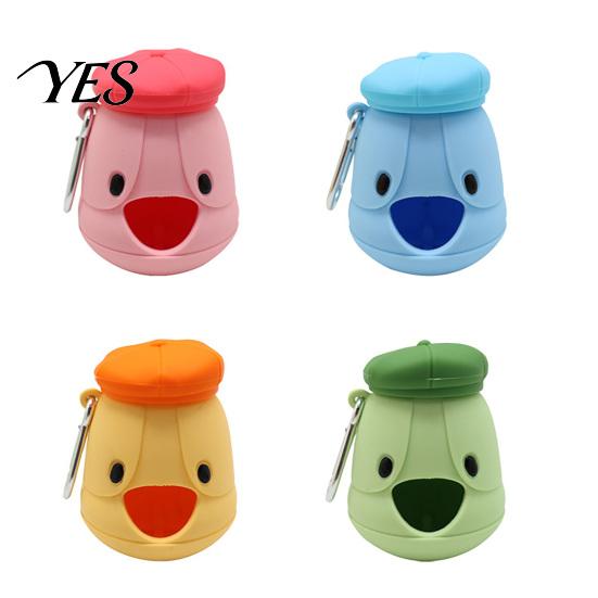 Dog Walking Poop Bag Container Dispenser, Pet Waste Dispenser with Metal Hands-free Holder Carabiner, Cute Puppy for Dogs Cats Flexible Case