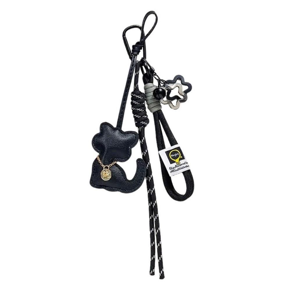 Fashion Leather Braided Rope Keychain Cat Shape Gifts Mobile Phone Lanyard Hanging Decoration Cat Keyring Bag