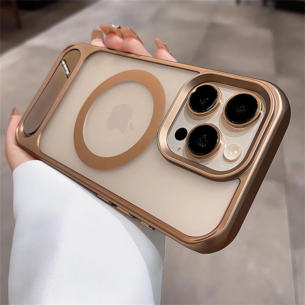Transparent Invisible Folding Stand Magnetic Phone Case For 15 16 17 Pro Max 14 13 12 For Magsafe Wireless Charging Cover