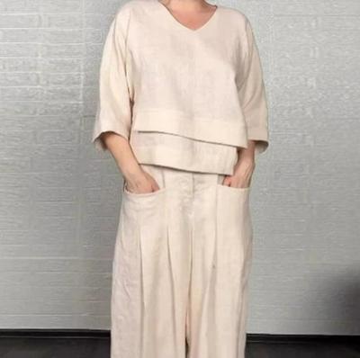 2025 Евро-американский Повседневный Однотонный Топ с Круглым Вырезом и Брюки Прямого Кроя с Карманами Средней Посадки